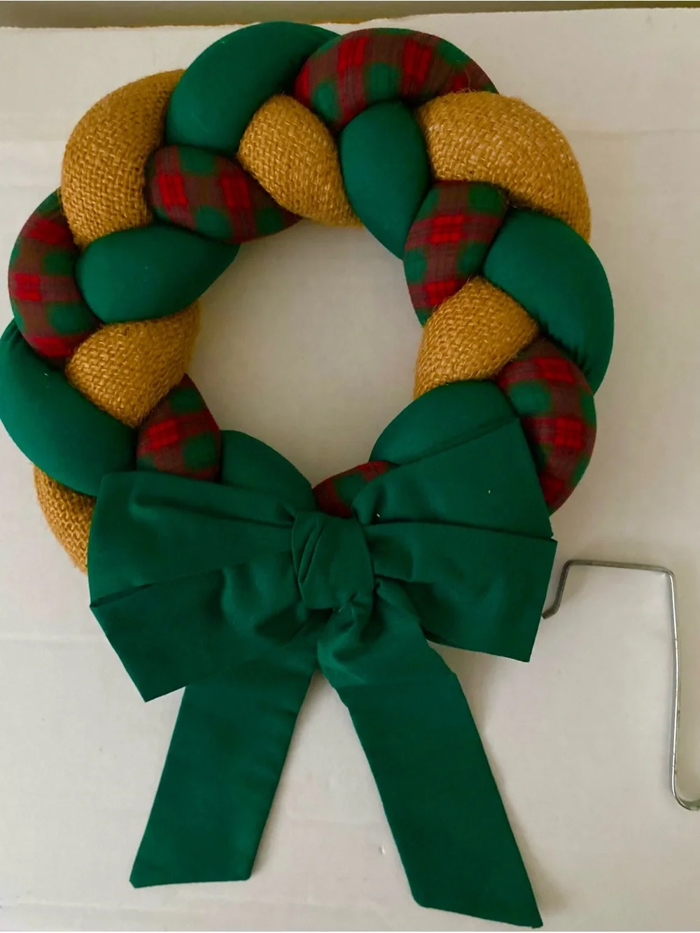 Handmade Green, Gold & Red Plaid Holiday Wreath with Green Bow